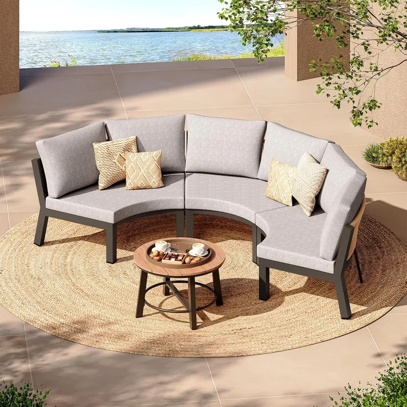 Oasbira 4 Piece Half Moon Aluminum Patio Conversation Sets Curved Sofa with PE Rope